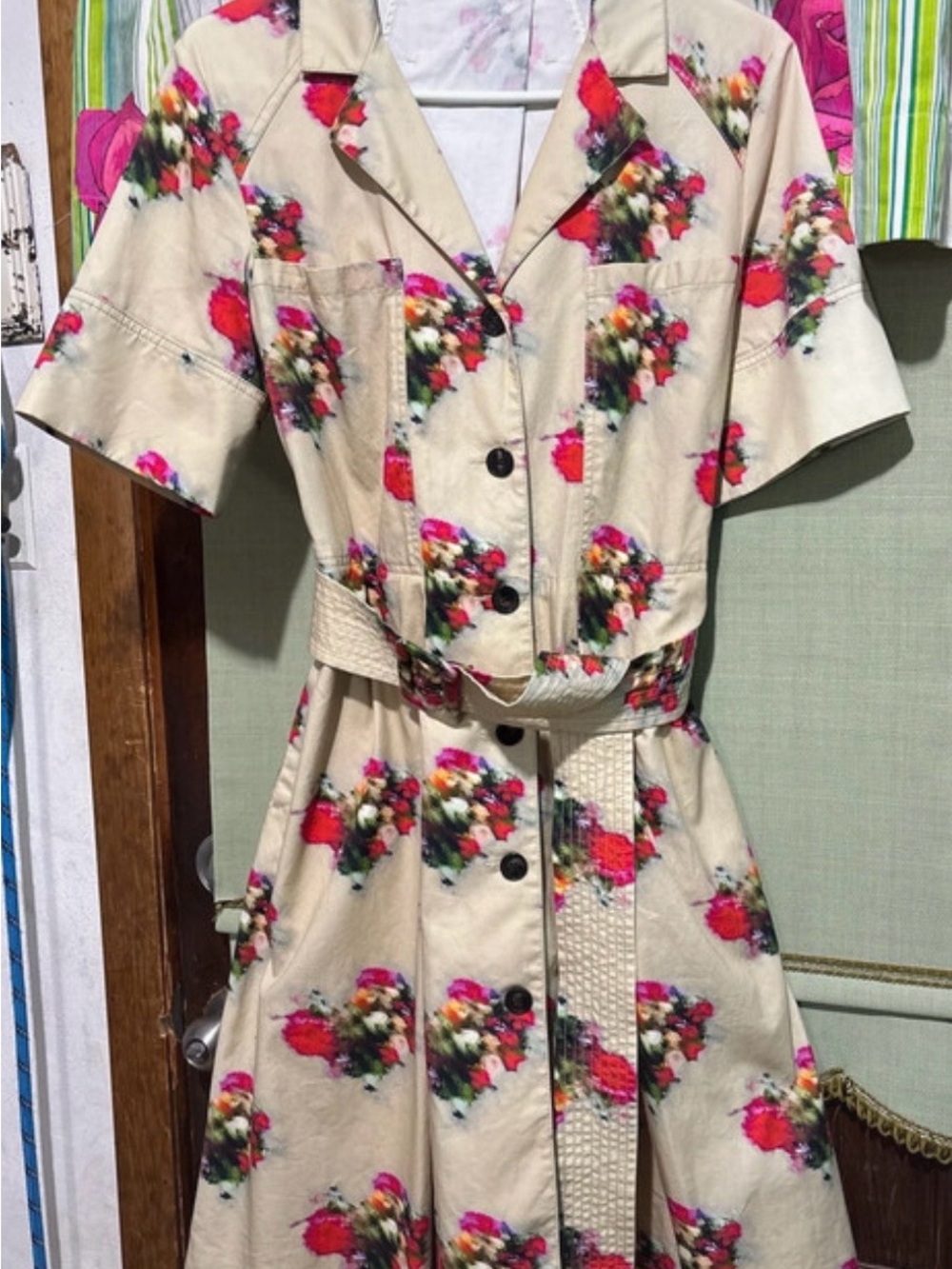 Adam Lippes Cream Midi Shirt Dress with Pink and Red Floral Print